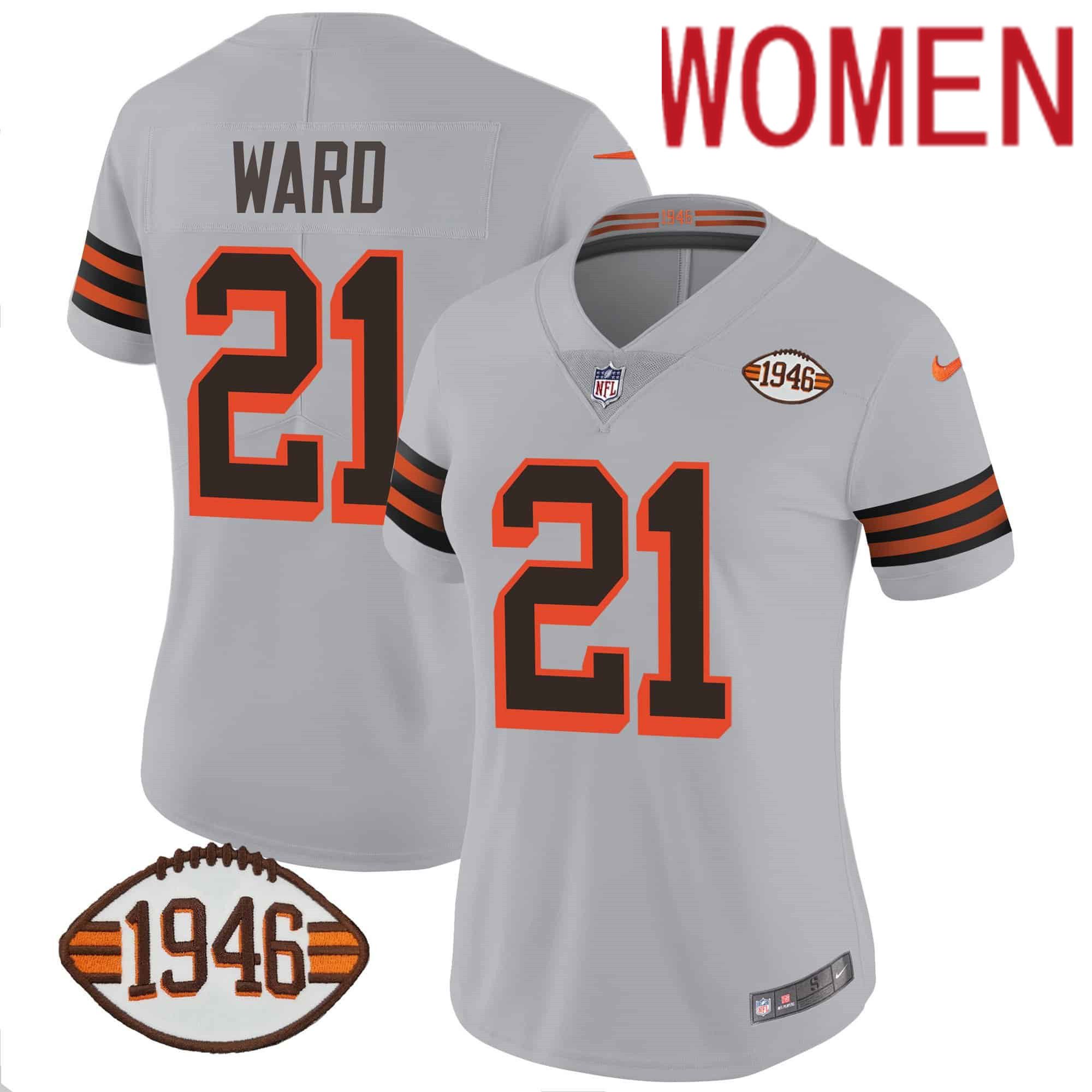 Women Cleveland Browns #21 Ward Grey 1946 75th Anniversary Patch 2024 Nike NFL Jersey